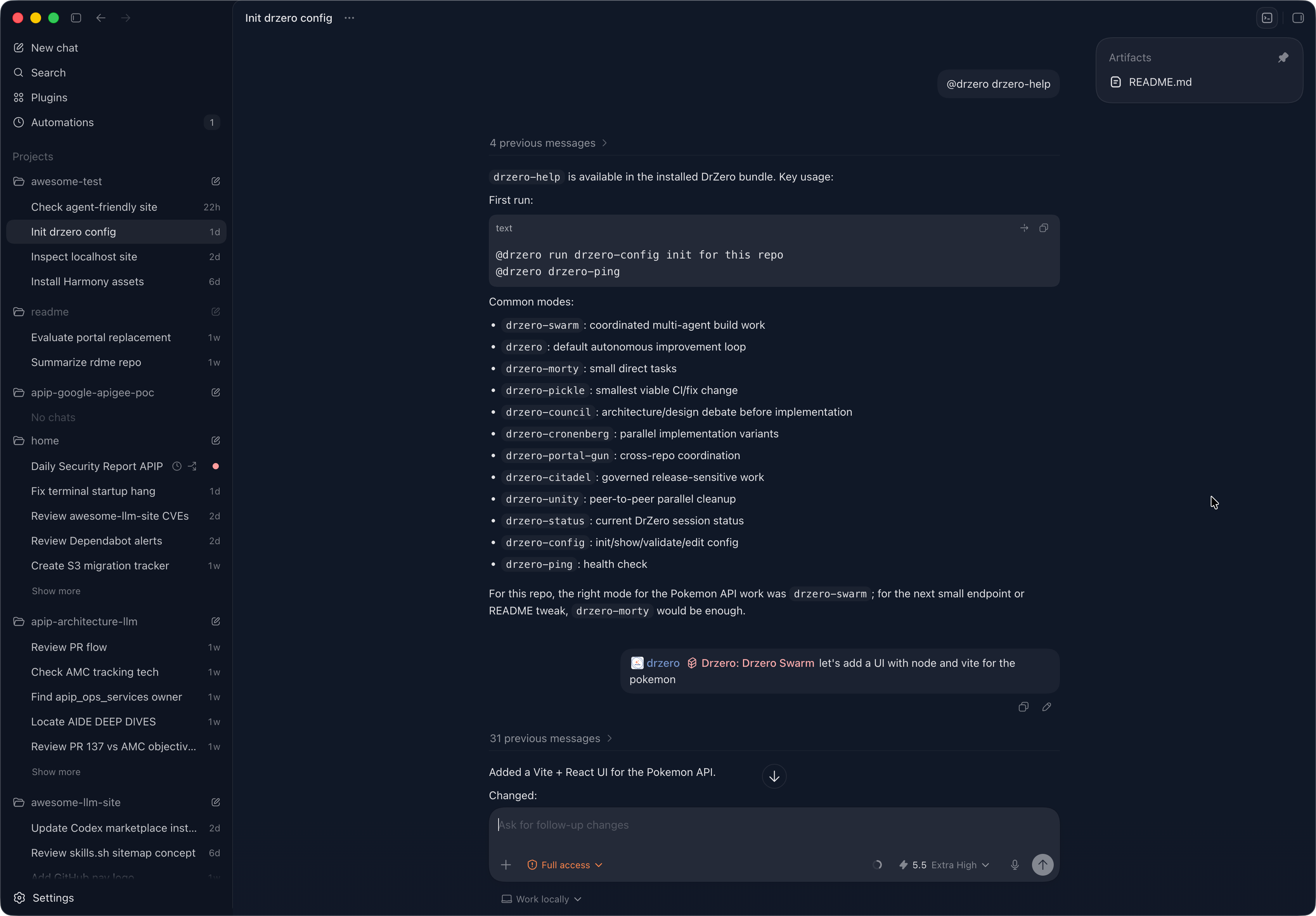 Dr. Zero help and usage commands in the terminal