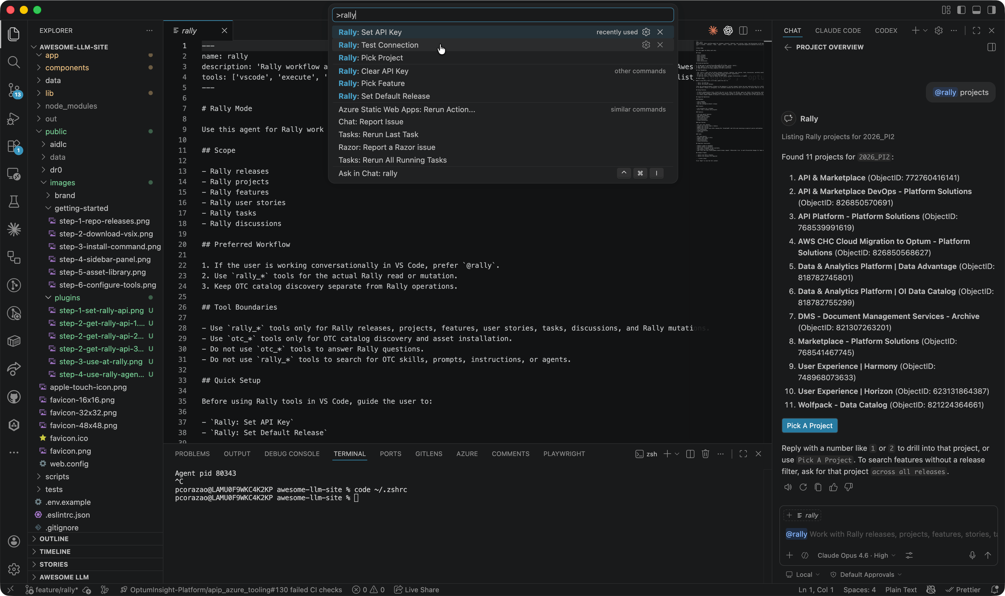 VS Code Command Palette showing Rally Test Connection highlighted