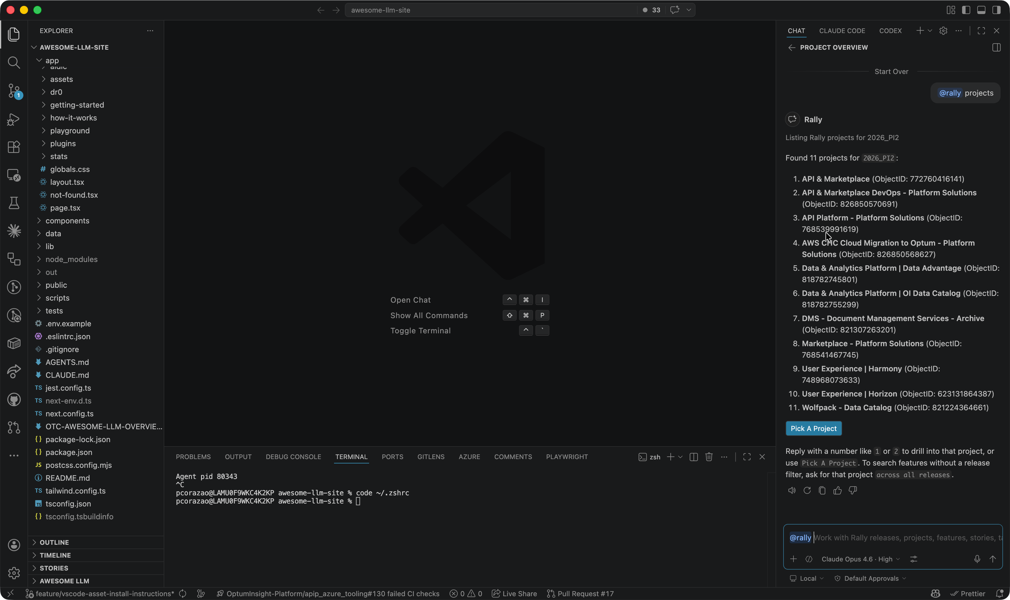 VS Code chat showing @rally project results